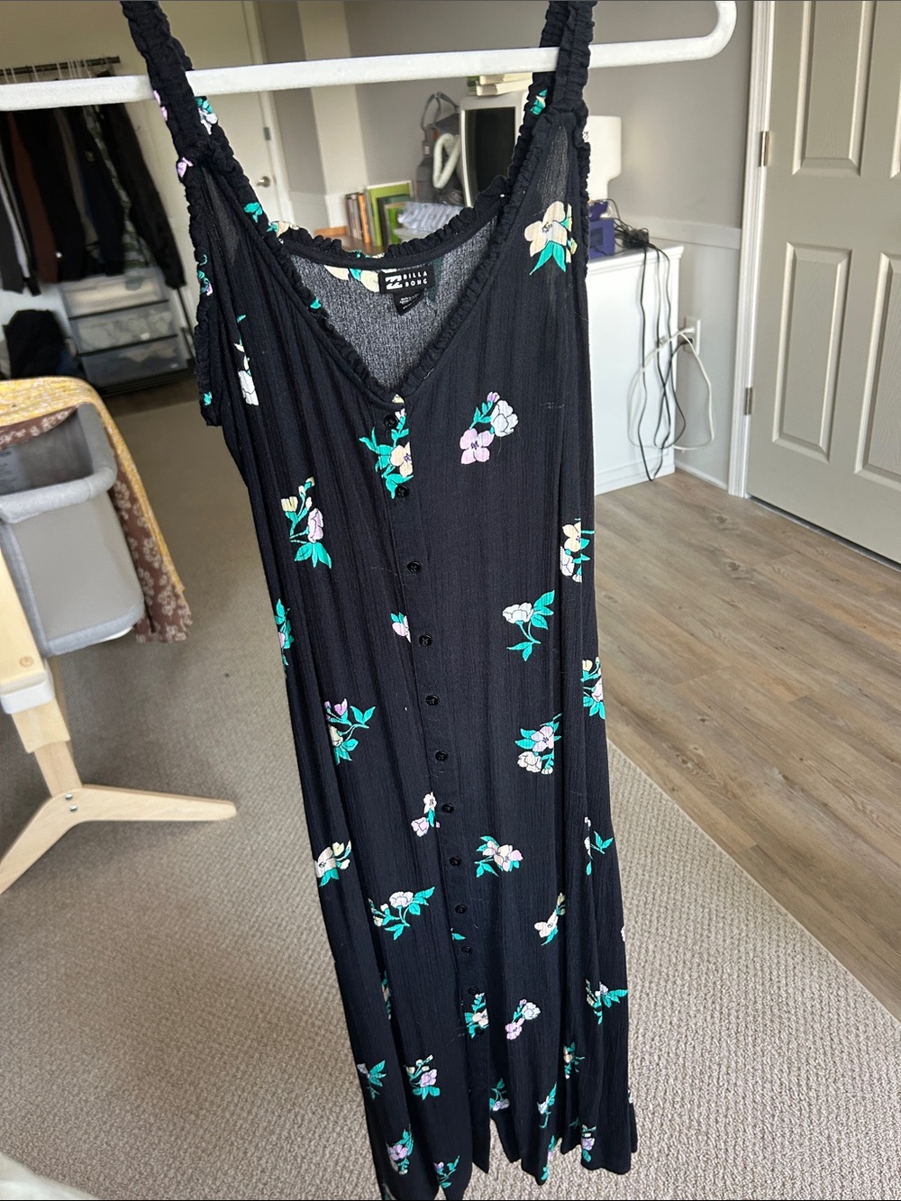 Billabong Black Floral Maxi Dress with Green & Pink Accents